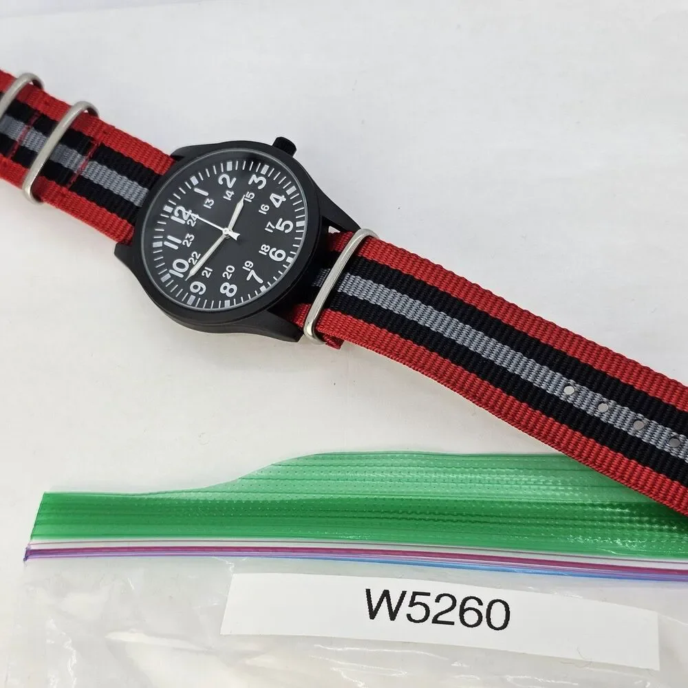 Field Men's Watch 42MM Black Case Black Dial Red Black Gray‎ Canvas Band Strap